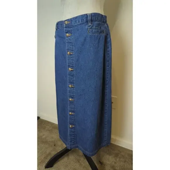 Vintage Cottagecore Prairie Cotton Denim Midi Button Down Skirt Women's 12 - Picture 6 of 8
